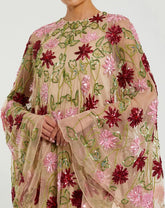 Beige Floral Embellished Shawl Mini Dress